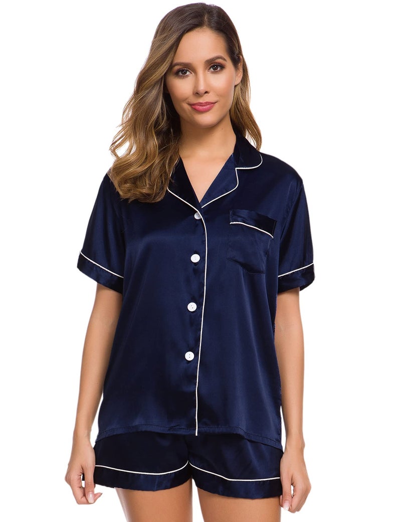 SWOMOG Womens Silk Satin Pajamas Set Two-Piece Pj Sets Sleepwear Loungewear Button-Down Pj Sets Deep Navy Blue - Image 2